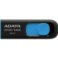 Adata UV128 64GB USB 3.2 flash drive in capless black and blue design. Adata UV128 64GB USB 3.2 flash drive in capless black and blue design.